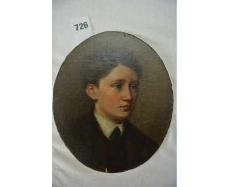 A 19th century oil painting on board of oval form showing a shoulder length portrait of a young man in suit and tie, signed b