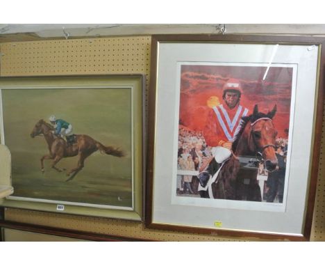 An oil painting on canvas of a race horse with jockey in green and blue silks, signed with initials bottom right CB, 45 x 50 