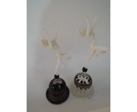 Two blown glass models of nude female dancers, believed to be by Istvan Komaromy, each figure in opaque white glass, each dep