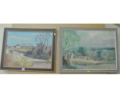 Two oil paintings on board by Roy Hewish, one showing a landscape with cottages, 50 x 68 cm, the other showing a view at Minc