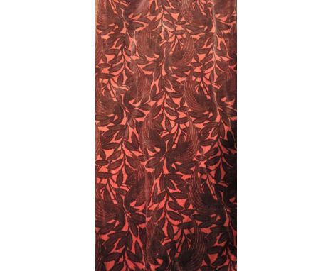 A pair of good quality lined velvet curtains with a red ground and decoration  depicting exotic birds seated amongst foliage 
