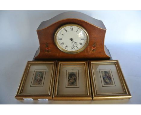 An Edwardian mantle clock with 8 day timepiece and three 19th century Baxter miniature coloured prints from the figures and l