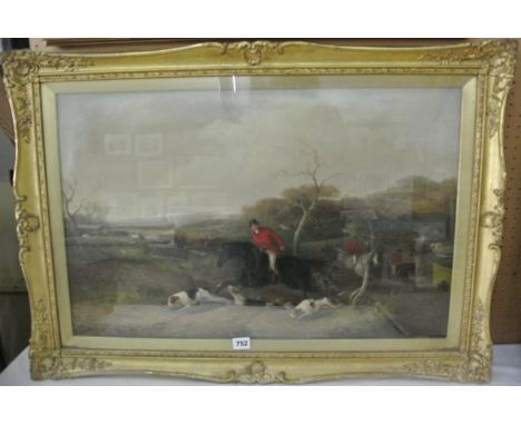 A 19th century oil painting on canvas showing a lively hunting scene with huntsmen and hounds running along a country lane, w