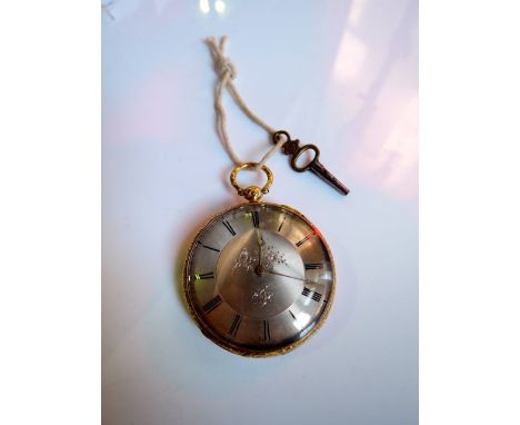 An 18ct gold open-faced pocket watch, the silvered dial with black Roman numerals and floral details, the case with engine-tu