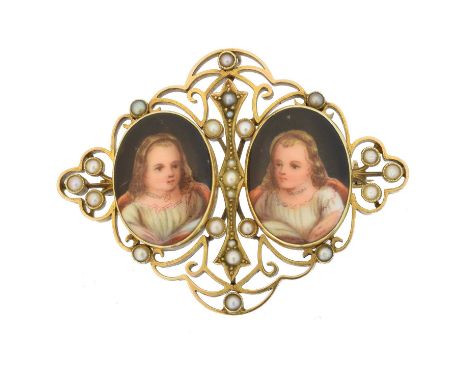 An early 20th century ceramic brooch, the twin ceramic portraits within a split pearl shared surround, stamped 9ct, length 5.