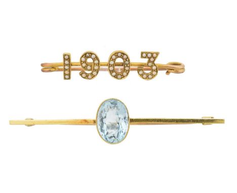 Two early 20th century bar brooches, to include an aquamarine bar brooch, together with a split pearl '1903' brooch, lengths 