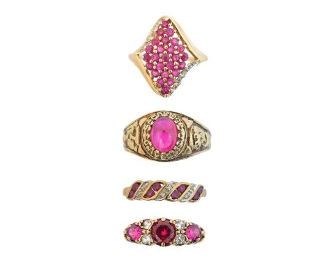 Four 9ct gold ruby dress rings, to include two ruby and diamond dress rings and two synthetic ruby rings, ring sizes P to V1/