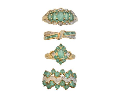 Four 9ct gold emerald and diamond dress rings, to include a band ring and three cluster rings, ring sizes R to V1/2, gross we