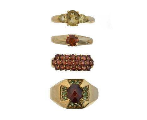 Four 9ct gold gem-set dress rings, to include three garnet dress rings and one other, ring sizes P to T1/2, gross weight 14.2