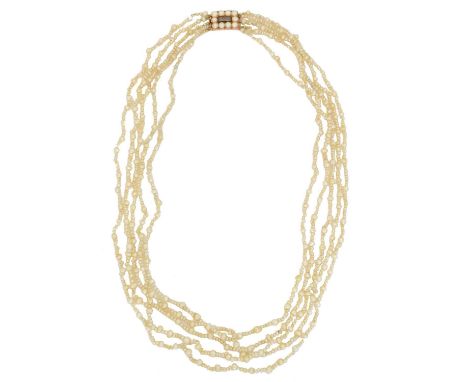 A Georgian seed pearl necklace, comprising five strands of seed pearls, terminating with a glazed vacant hair panel and split