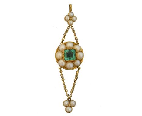 An emerald, split pearl and diamond pendant, the square shape emerald and split pearl cluster with diamond set chain tapering