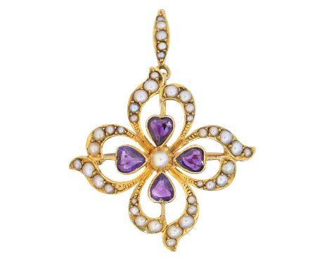 An early 20th century amethyst and split pearl pendant, the heart shape amethyst and split pearl quatrefoil with a tapered su