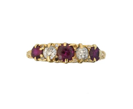 A ruby and diamond five stone ring, the circular shape ruby and old cut diamond line with rose cut diamond spacers and tapere