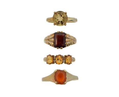 Four 9ct gold gem-set dress rings, to include a citrine and diamond dress ring, a citrine single stone ring, a garnet single 