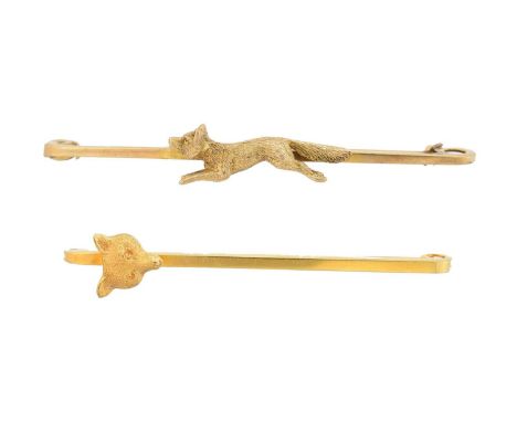 Two early 20th century bar brooches, each with fox detailing, stamped 9ct and 15ct, lengths 5.3 to 5.8cm, gross weight 7.5g.O