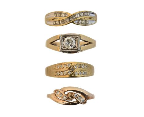 Four dress rings, to include a 9ct gold diamond single stone ring, a 9ct gold diamond band ring, and two others, estimated to