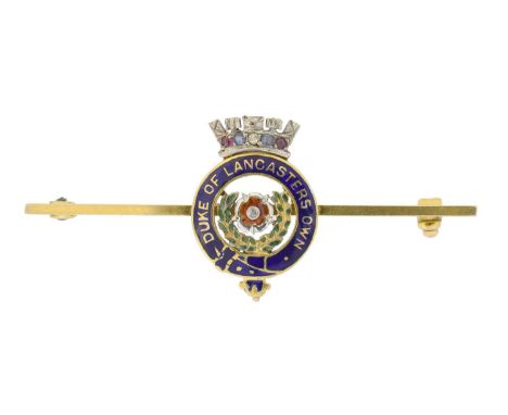 A 9ct gold enamel and gem set sweetheart brooch by Garrard &amp; Co., the 'Duke of Lancaster's Own' Yeomanry sweetheart brooc