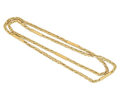 A 9ct gold longuard chain, the byzantine link chain with textured bar spacers, import marks for Birmingham, length 80cm, gros
