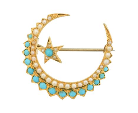 A turquoise and split pearl crescent brooch, with turquoise and split pearl set star detailing, length 3cm, gross weight 5.2g
