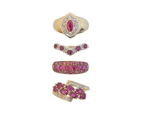 Four 9ct gold ruby dress rings, to include a ruby and diamond band ring, two ruby and diamond dress rings and a ruby cluster 