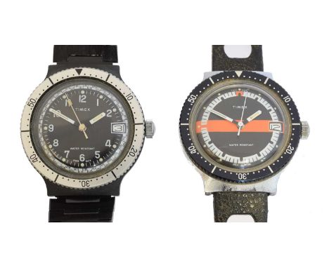 Two Timex automatic wristwatches, one with black dial, the other with black and orange dial, automatic movements, stainless s