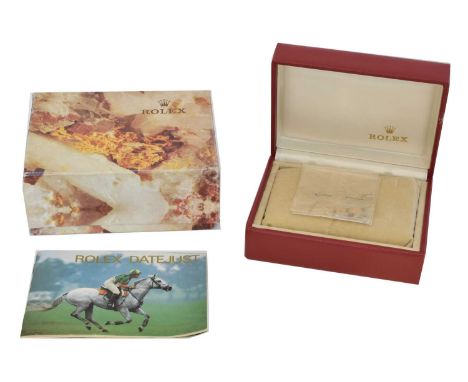 A Rolex Datejust box, the red maker's box with Rolex Datejust booklet, two steel and gold oyster links and outer cardboard bo