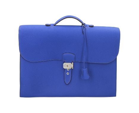 HERMÈS Aktentasche "SAC A DEPECHE". Koll. 2014. Fein genarbtes Leder in Bleu Electrique mit silberfarbener Hardware. Klassisc