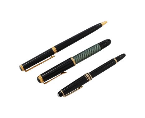 Schreibgeräte Konvolut. Bestehend aus 1x "PELIKAN" Füller, 1x "MONTBLANC" Drehkugelschreiber "NOBLESSE OBLIGE" mit Gravur, 1x