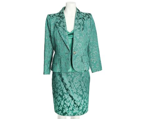 YVES SAINT LAURENT VINTAGE Ensemble, Gr. 38. Herstellergröße 40. Grünes Modell mit floralem Design aus glitzerndem Garn, Reve