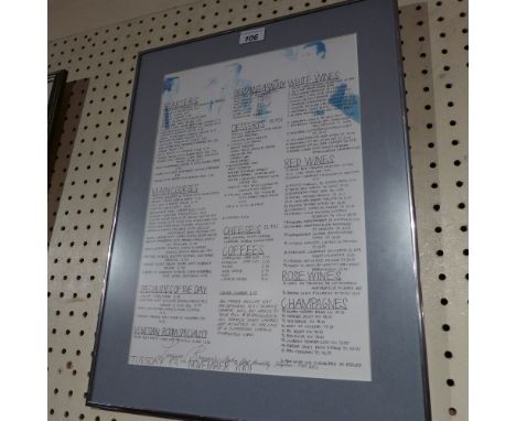 SOLD IN TIMED AUCTION Originals Langans Restaurant menu, designed by David Hockney, dated 13th November 2001, framed