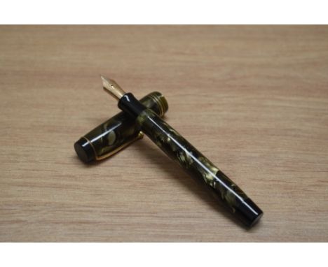 A Parker Duofold Special button fill fountain pen in green black marble with two narrow and one broad cap bands having a Park