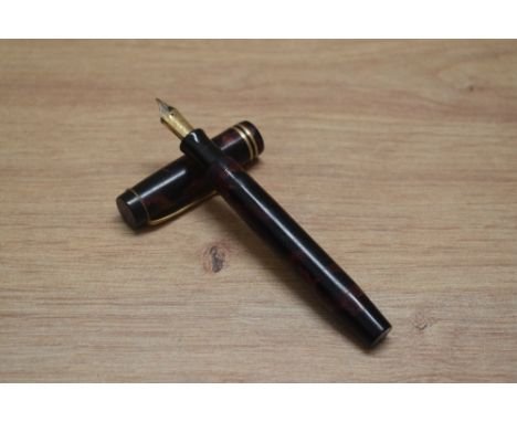 A Parker Duofold Senior Streamlined button fill fountain pen in rose and black with two cap bands having Parker Duofold Pen C