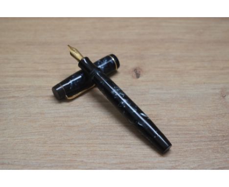 A Parker Duofold Senior button fill fountain pen in blue black marble with a single cap band having a Parker Duofold 14k Pen 