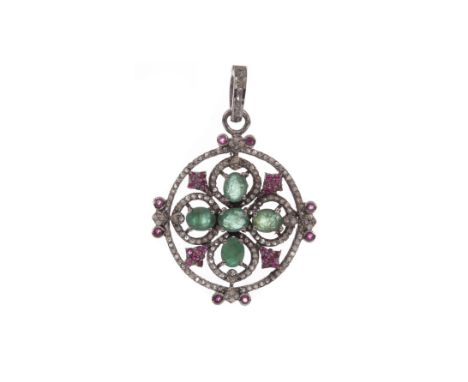 EMERALD, RUBY AND DIAMOND PENDANT, the openwork pendant set with oval emeralds, round rubies and mixed cut diamonds totalling