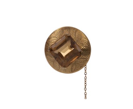 CITRINE BROOCH, set with a faceted step cut citrine to an engraved mount marked 9CT, 15.4g