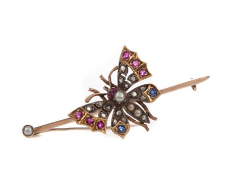 RUBY, SAPPHIRE, DIAMOND AND PEARL BUTTERFLY BROOCH, the butterfly with seed pearl body and ruby eyes, with diamond, ruby and 