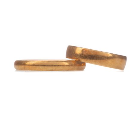EIGHTEEN CARAT GOLD WEDDING BAND, size K 1/2, 2.4g, along with an unmarked example, size P, 3.8g (2)
