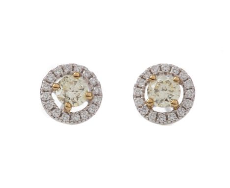 PAIR OF CERTIFICATED YELLOW DIAMOND STUD EARRINGS, set with round brilliant cut yellow diamonds totalling approximately 0.48 