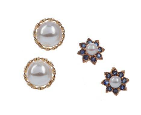 PAIR OF SAPPHIRE AND FAUX PEARL EARRINGS, set with faux pearls within a sapphire halo, in nine carat gold, along with a pair 