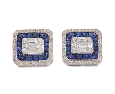 PAIR OF SAPPHIRE AND DIAMOND EARRINGS, set with mixed cut diamonds and calibre cut sapphires, the diamonds totalling approxim