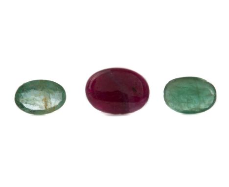 **THREE CERTIFICATED UNMOUNTED GEMSTONES, including a 3.49 carat ruby, a 1.30 carat emerald and a 1.40 carat emerald, each wi