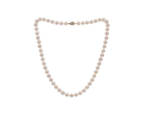 PEARL NECKLACE, 44.5cm long, with nine carat gold ball clasp