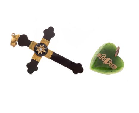 NEW ZEALAND JADE PENDANT, in the form of a loveheart, with overlaid 'Kia Ora' the bale marked 9CT, along with a Victorian see