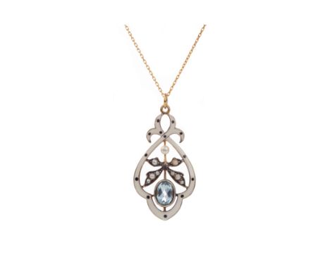 TOPAZ, PEARL AND ENAMEL PENDANT, the openwork pendant set with an oval faceted topaz flanked by seed pearls within a black an
