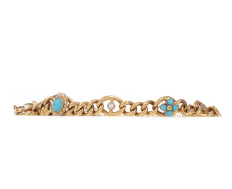 TURQUOISE AND PEARL BRACELET, the curb link bracelet with central pearl and turquoise cluster, with alternating pearl and tur