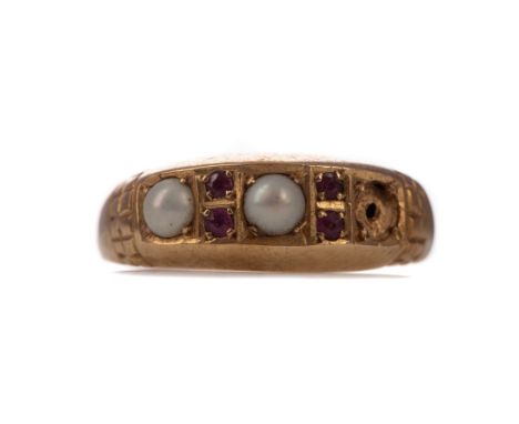 PARTIAL PEARL AND RUBY RING, set with two pearls and pairs of rubies, indistinctly marked, size N 1/2, 2.6g