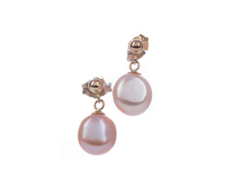PAIR OF PEARL DROP EARRINGS, the peachy pink pearls suspended from a nine carat gold post, 1.7g