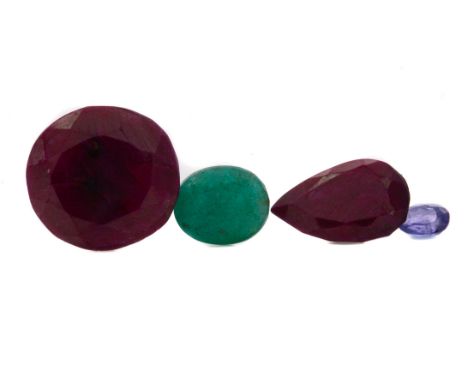 **FOUR CERTIFICATED UNMOUNTED GEMSTONES, including a 52.43 carat treated ruby, 8.06 carat treated emerald, 18.06 carat treate