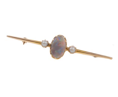 OPAL AND PEARL BROOCH, set with an oval opal 14mm long, flanked by pearls to a bar 71mm long, in fifteen carat gold with Edin