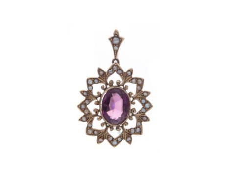 AMETHYST AND PEARL PENDANT, the oval faceted amethyst within a seed pearl border, unmarked, 4.3g